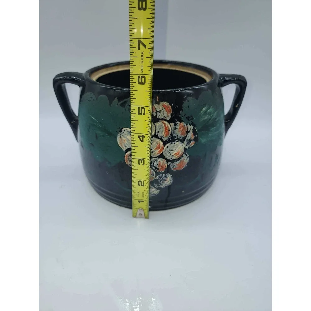 Vintage Black Ceramic Hand Painted Grape Bean Pot Cookie Jar with Lid 2 Handle - Picture 9 of 16